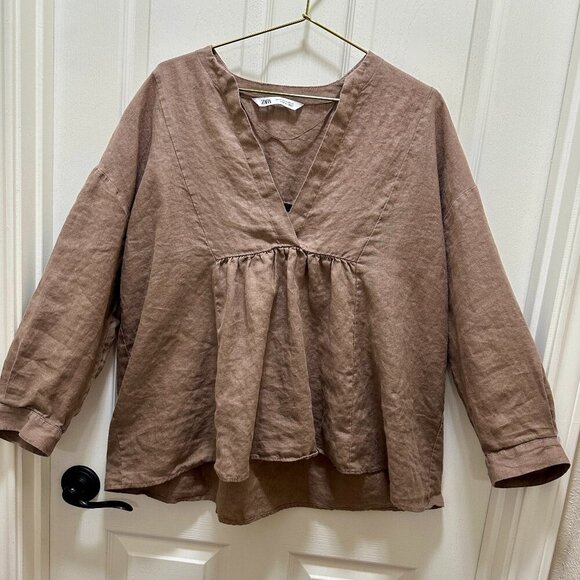 Zara 100% Linen Oversized Tunic Top Women's Size XS Brown Boho Feminine Gypsy - Picture 6 of 11